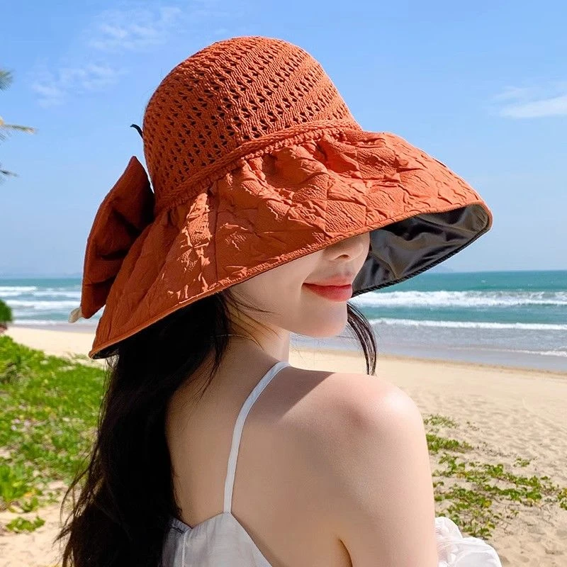 【2024夏季上新！】黑胶蝴蝶结遮阳帽镂空大檐遮脸防晒渔夫帽太阳帽