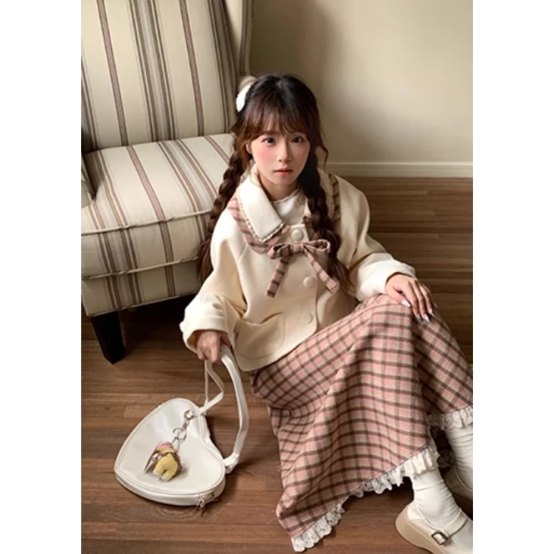 【挪威雾都】秋冬高级感毛呢外套上衣+高腰格子半身裙女