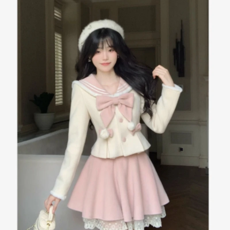 韩系甜美少女风蝴蝶结海军领外套秋冬季设计感修身三件套套装