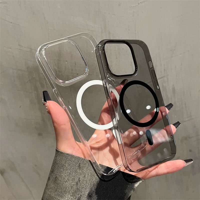 适用苹果15promax透明磁吸手机壳iPhone14高透PC硬壳13保护套简约