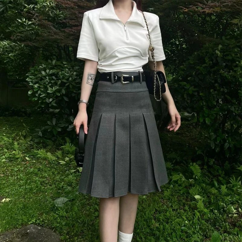 高腰学院风西装半身裙灰色百褶裙女2023夏新款A字高端显瘦百搭裙