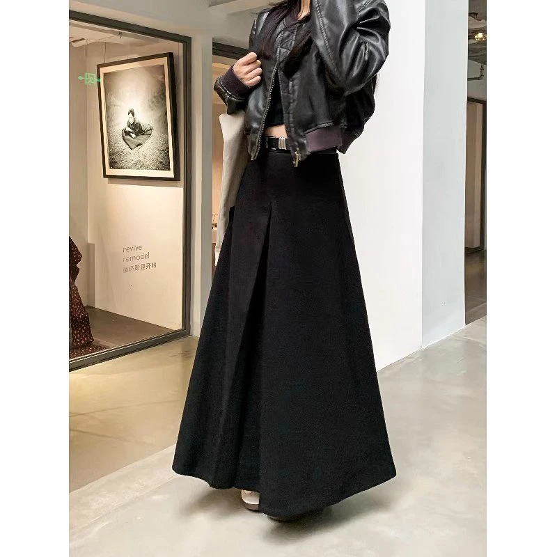 黑色西装百褶裙半身裙秋冬季新款毛呢气质高腰a字长裙气质半身裙