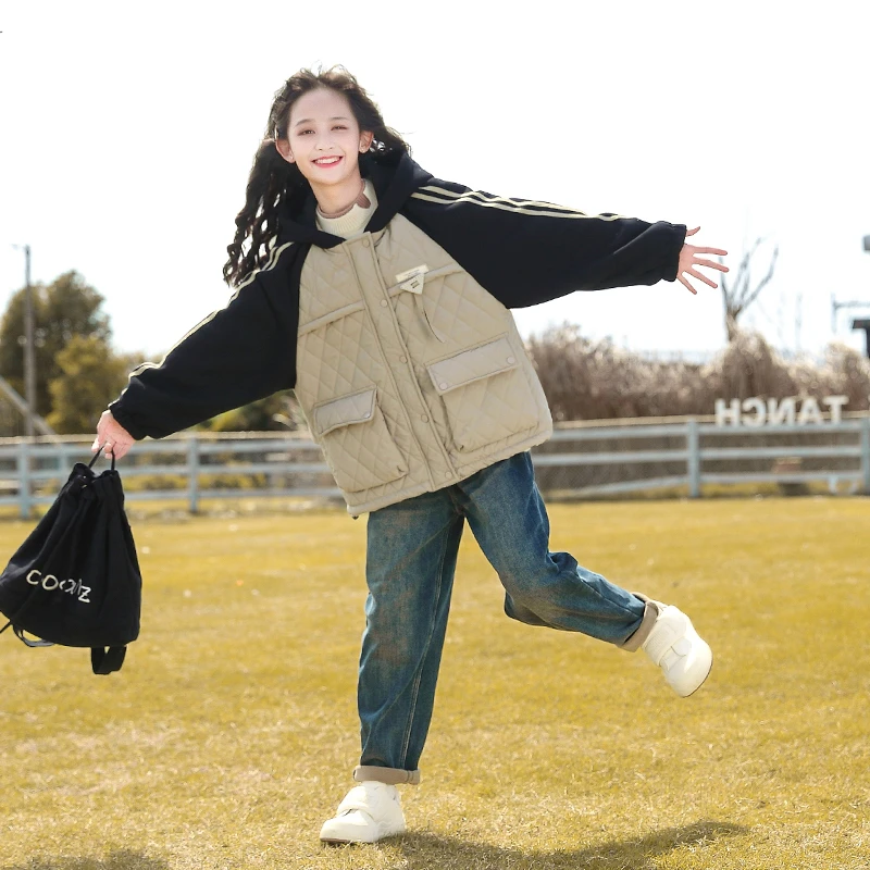 女童冬装外套2024新款儿童中大童字母刺绣夹棉连帽上衣23793