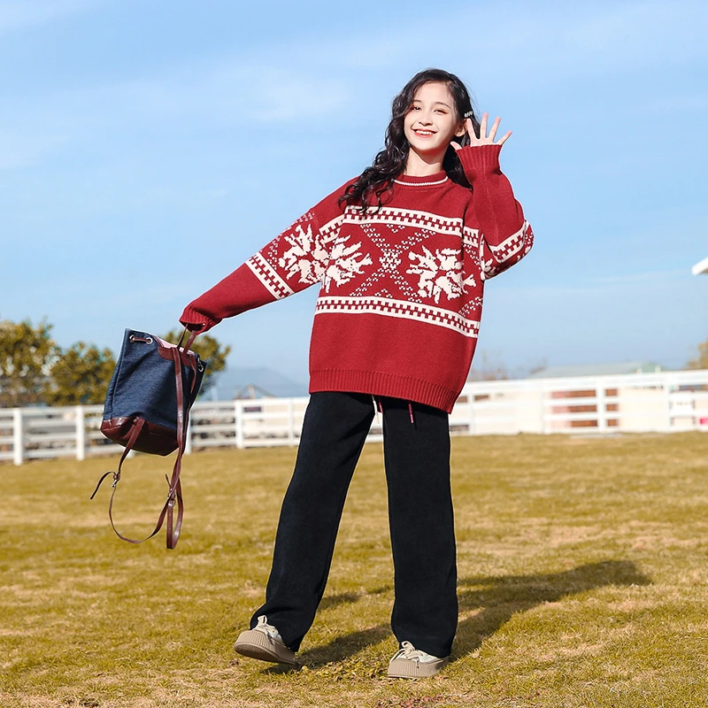 女童冬季毛衣儿童拜年服上衣女大童秋冬款红色针织衫冬装23937