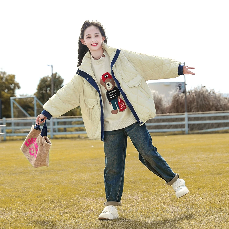 女童冬装外套潮款儿童韩版大童冬季时尚女孩连帽加绒上衣23792