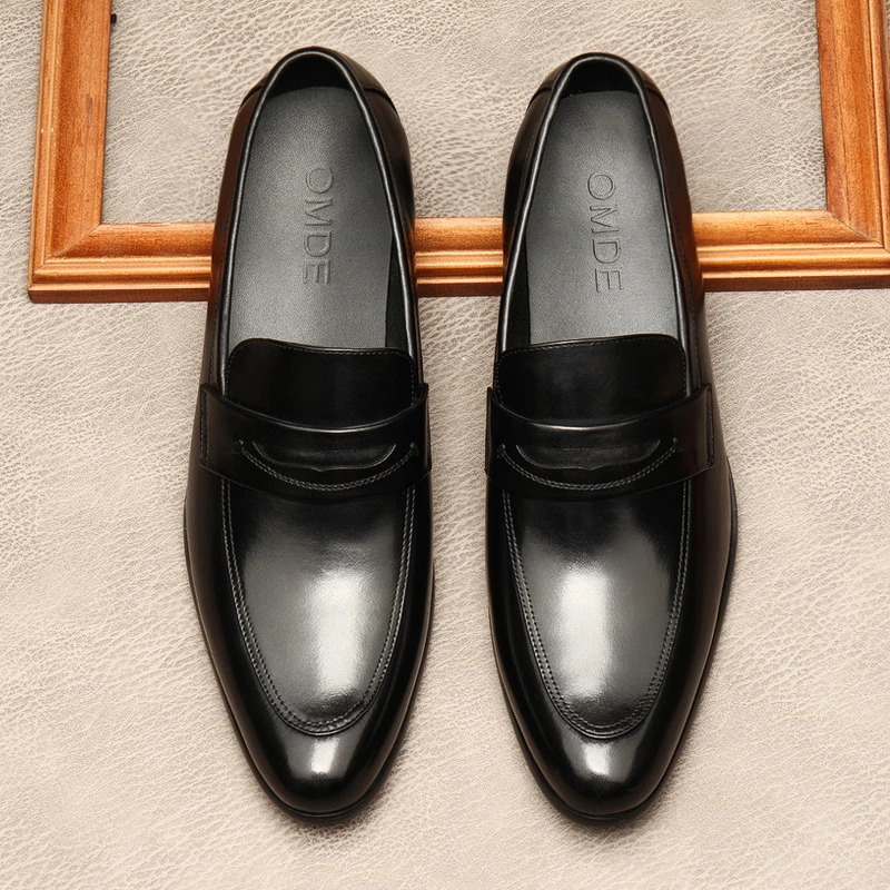OMDE男士百搭黑色商务休闲套脚时尚一脚蹬鞋真皮尖头舒适软底皮鞋