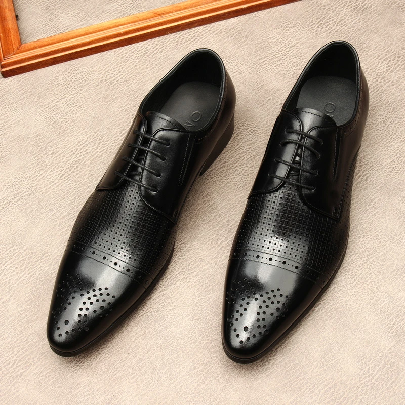 OMDE男鞋2025新款夏季皮鞋男真皮布洛克系带商务透气镂空皮凉鞋潮