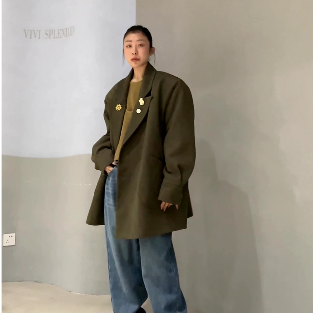 19208#（定制福利款NO退NO换）欧美风帅气胸针鹿皮夹棉西装外套