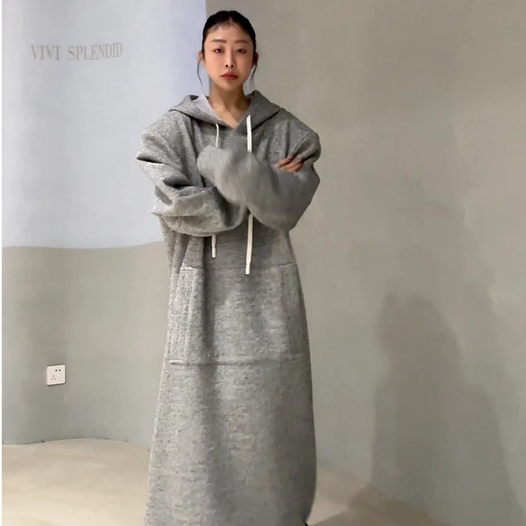 19162#（定制福利款NO退NO换）闪闪银复合银狐绒带帽长卫衣