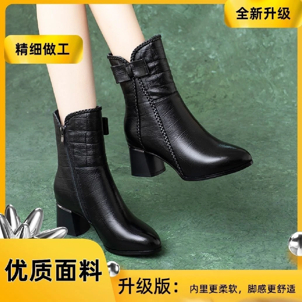 蝴蝶结中筒皮靴女2025秋冬新款粗跟单靴时尚百搭英伦风真皮高跟靴