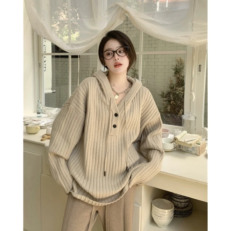 大码300斤燕麦色连帽毛衣卫衣秋冬软糯慵懒设计感宽松针织外套ins