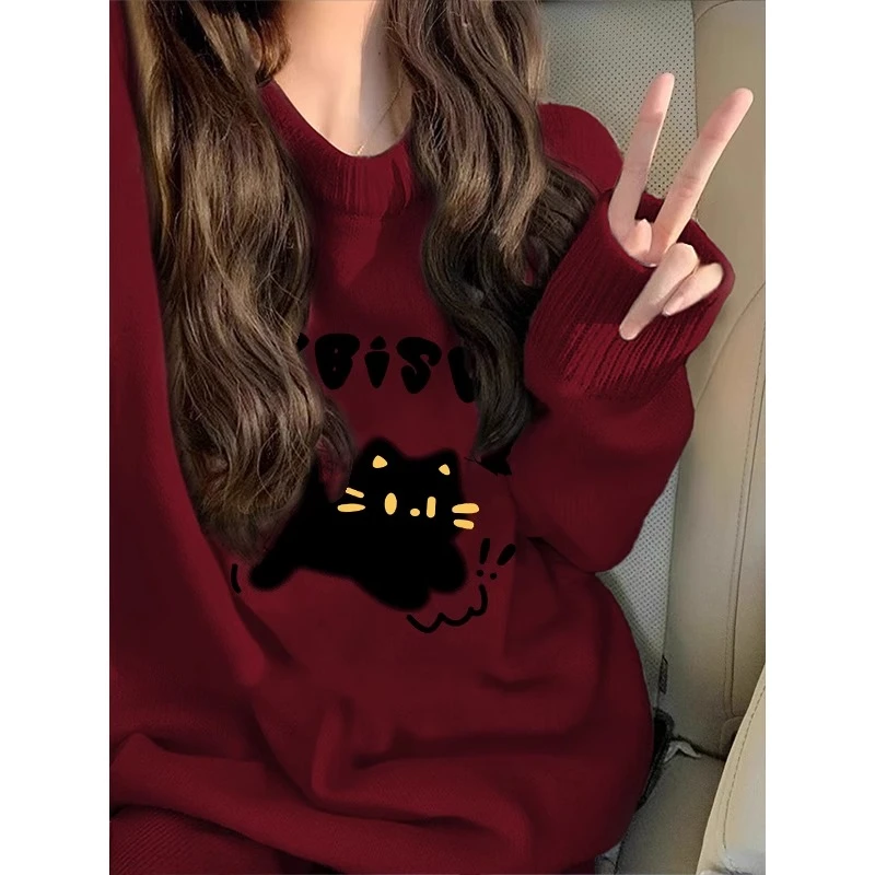 秋冬季大码300斤趣味印花针织毛衣高级感宽松百搭圆领套头上衣潮