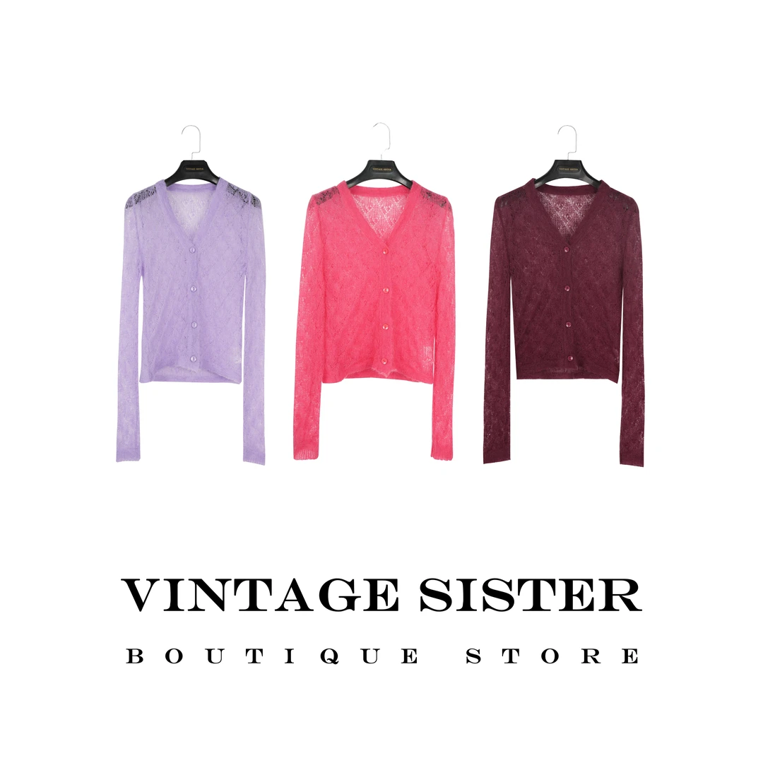 VINTAGE SISTER【中古姐妹同款】彩宝开衫轻熟风V领蕾丝薄毛衣7282