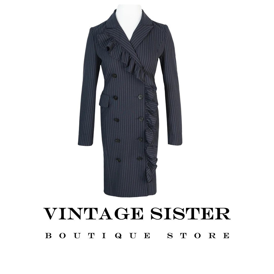 VINTAGE SISTER【中古姐妹同款】V领显瘦条纹西装裙复古连衣裙7224