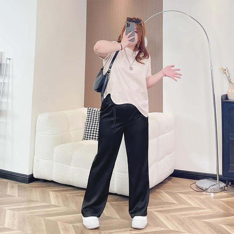 嬉皮少女 / 缎面冰丝窄版阔腿裤8766花契大码200斤胖MM夏季时尚