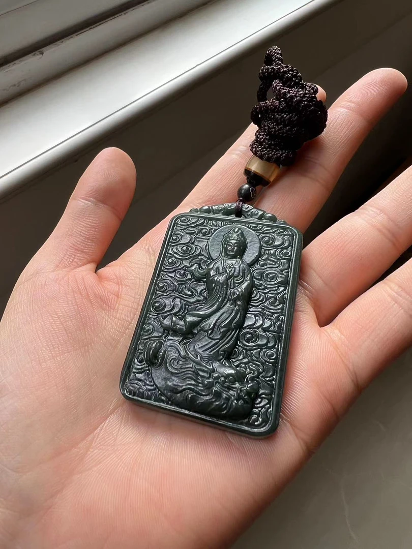 非金属项链 男款立体精雕观音玉牌 正面观音浮雕 反面普度众生