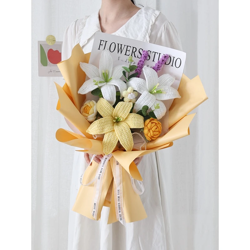 DIY手工针织毛线百合花英文包装纸钩针工具材料包套装生日礼物女
