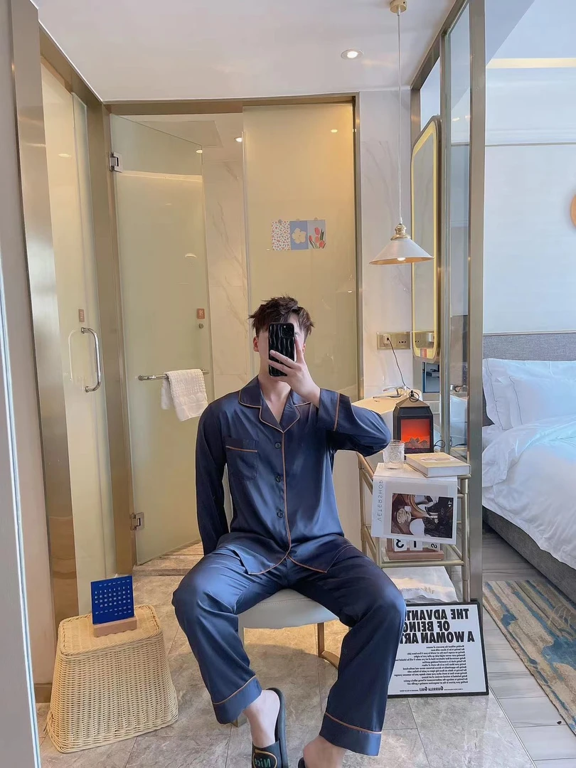 男士睡衣夏季2024新款男款冰丝绸长袖夏款青少年大码家居服春秋款