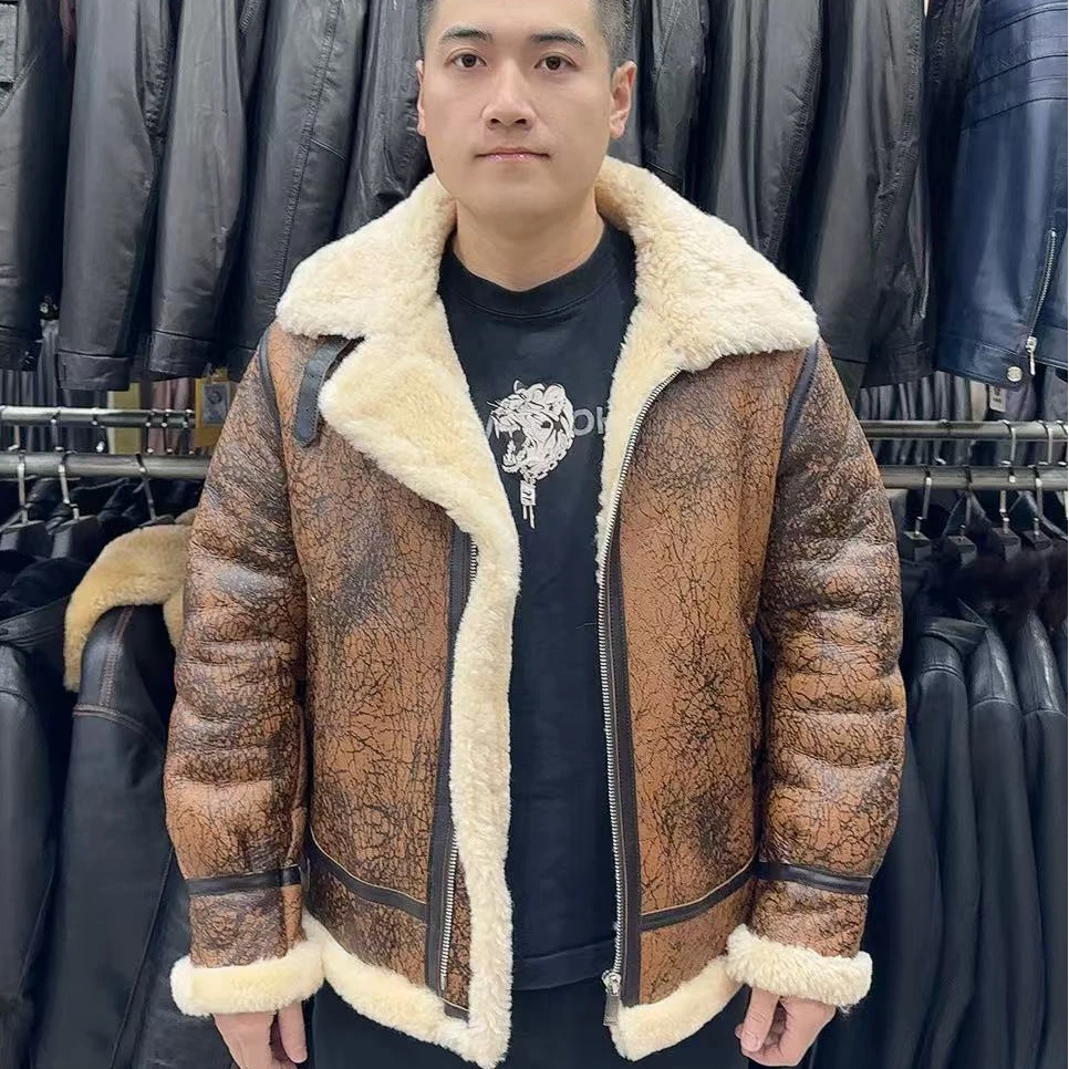 B3飞行服原生态皮毛一体加厚网纹黄羊皮羊毛男士真皮夹克