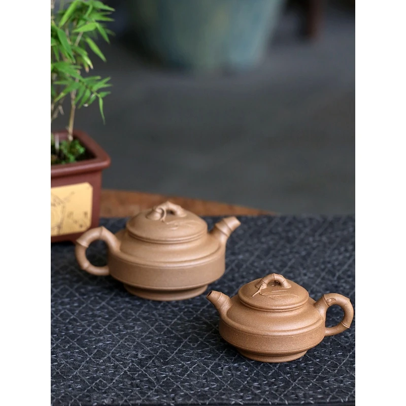 宜兴紫砂原矿纯手工家用茶具茶壶老段泥双线竹鼓壶125毫升