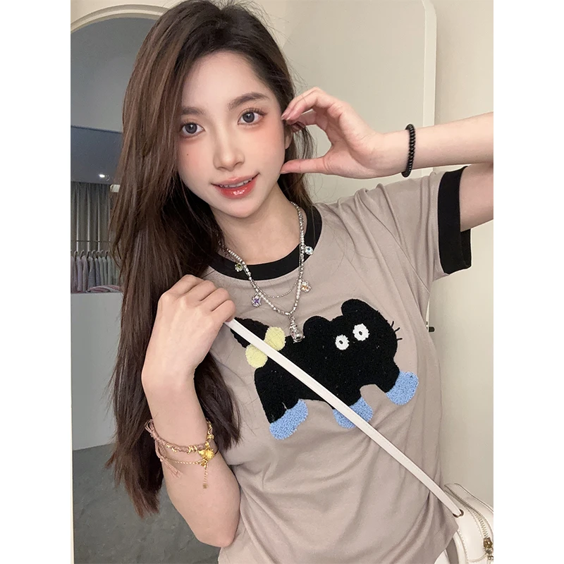 卡通猫咪植绒刺绣短袖T恤女趣味甜美减龄褶皱收腰上衣0168