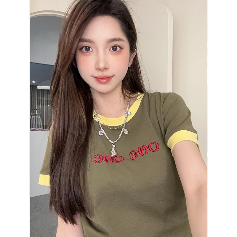 港味复古风拼色休闲短袖T恤ins女显白气质字母刺绣小众半袖0169