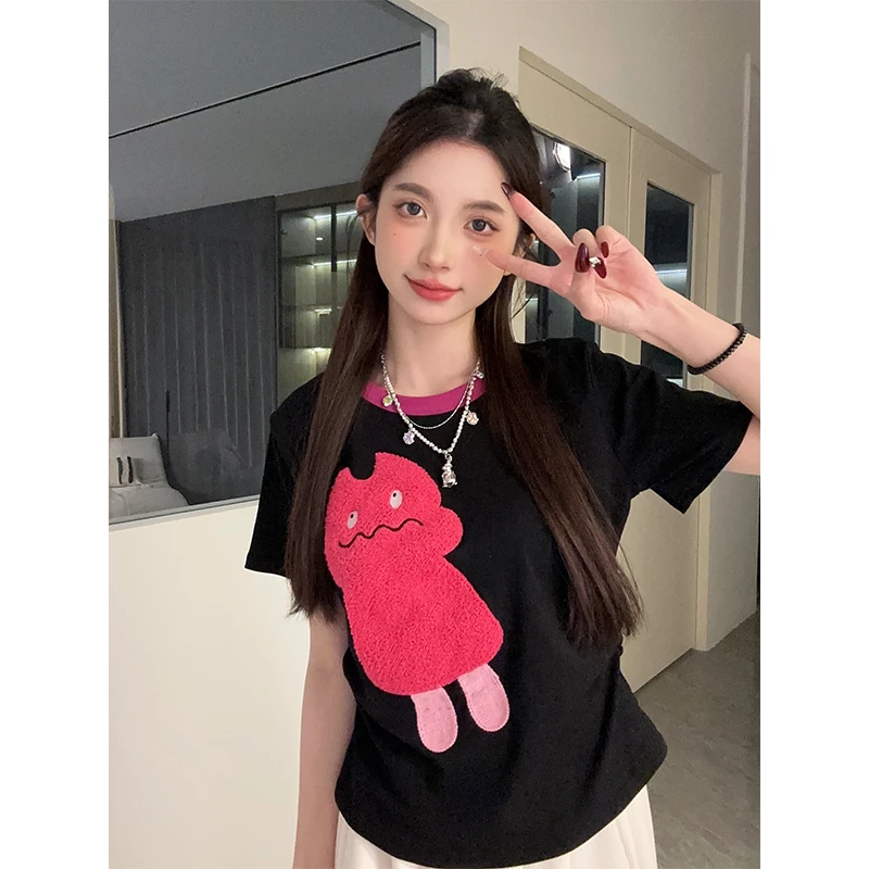 搞怪红色小怪兽植绒短袖T恤女韩系chic收腰显瘦上衣0019