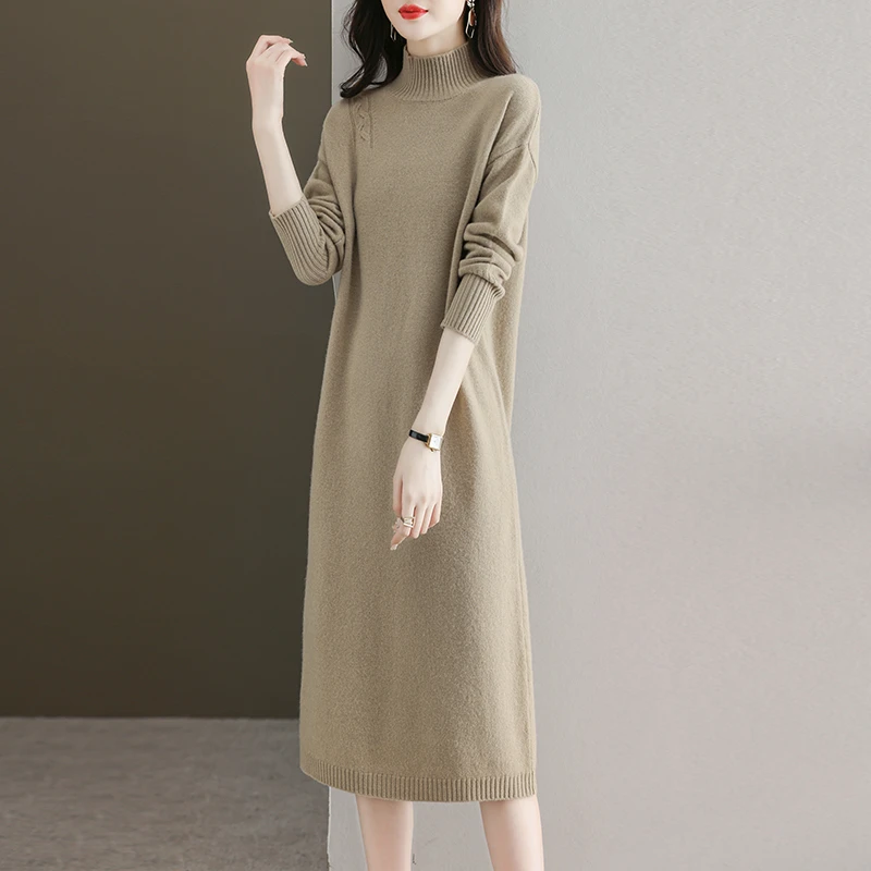 8207连衣裙2023新款羊毛半高领气质宽松显瘦遮肚保暖加厚连衣裙
