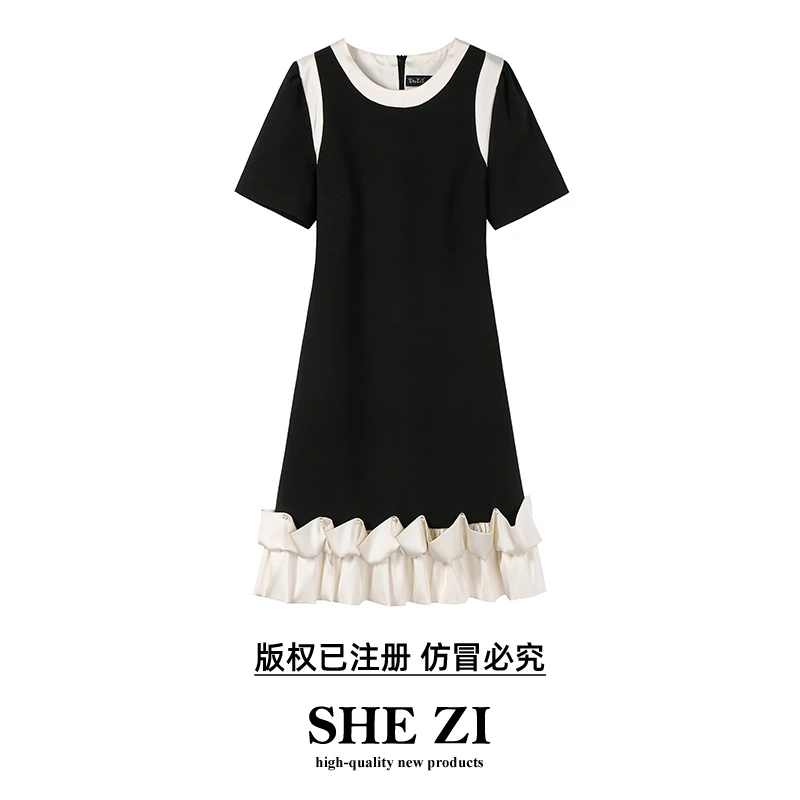 【槐序深巷】大码女装夏季钉珠拼接裙子胖妹妹时尚连衣裙A371