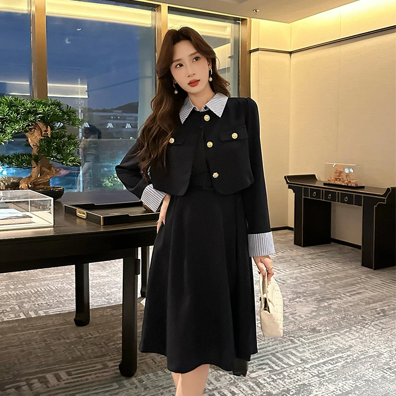 奢姿大码女装2024秋冬翻领气质连衣裙胖妹妹系带假两件时尚裙子