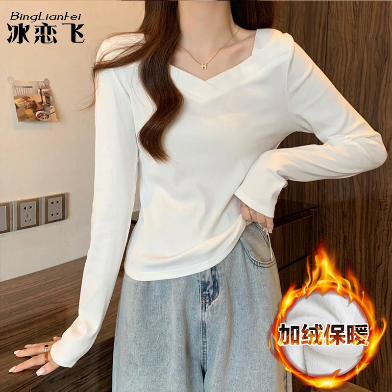 冰恋飞秋冬保暖德绒打底衫宽松显瘦长袖女T恤设计感小众百搭上衣