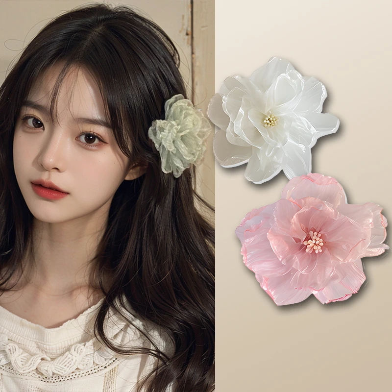 山茶花朵发夹边夹侧马尾发卡刘海夹子头饰少女甜美超仙头饰白月光