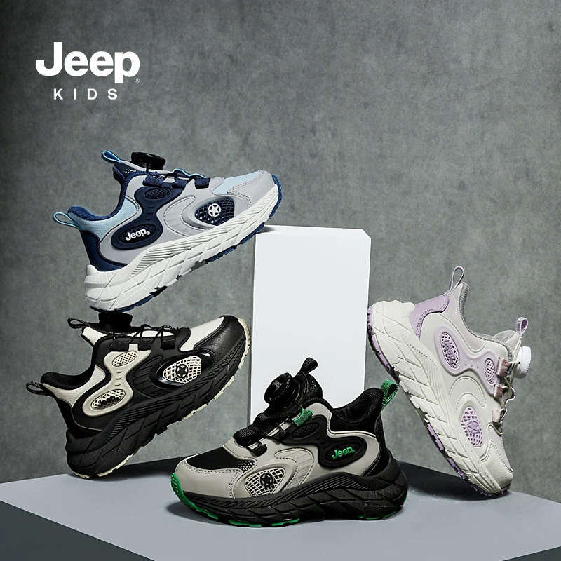 jeep儿童运动鞋2023秋冬季新款皮面加绒保暖男女生旋转纽扣跑步鞋