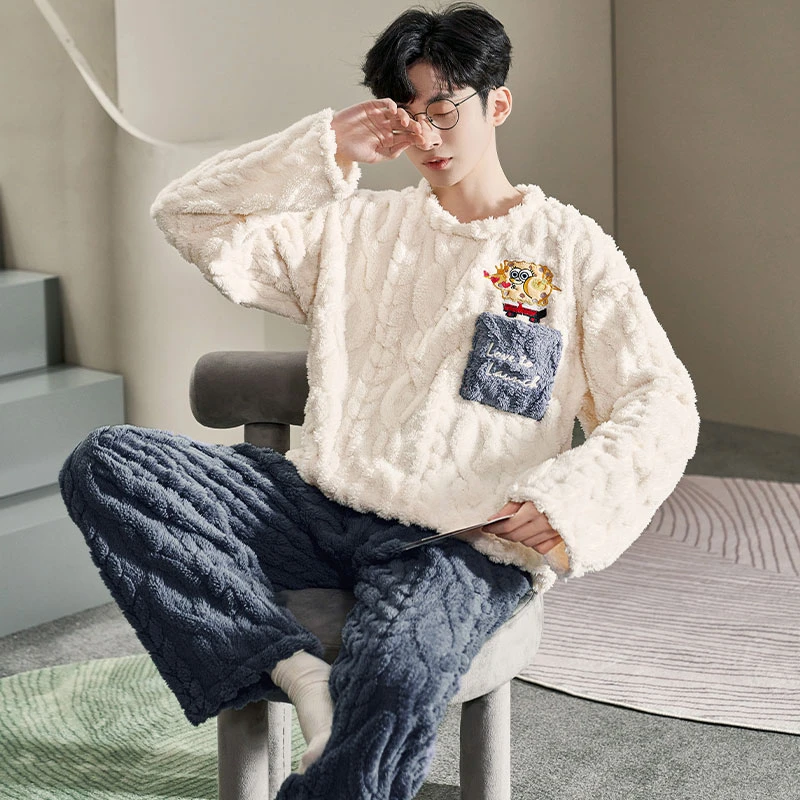 卡通海绵宝宝睡衣男士家居服套装秋冬季保暖加绒加厚珊瑚绒法兰绒