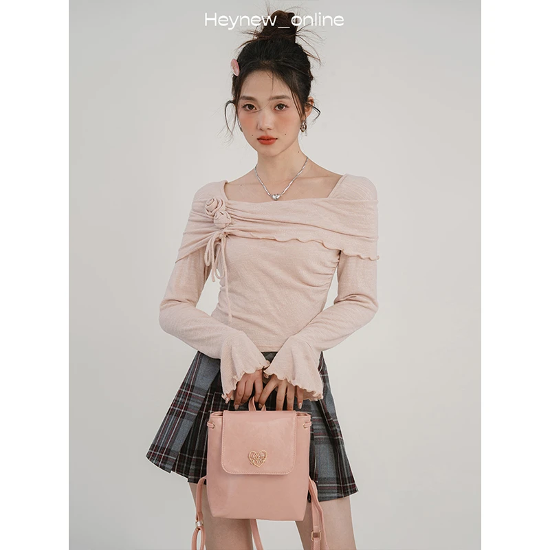 【年底宠粉福利】玫瑰少女长袖女秋季方领显瘦气质纯欲上衣-3Q097