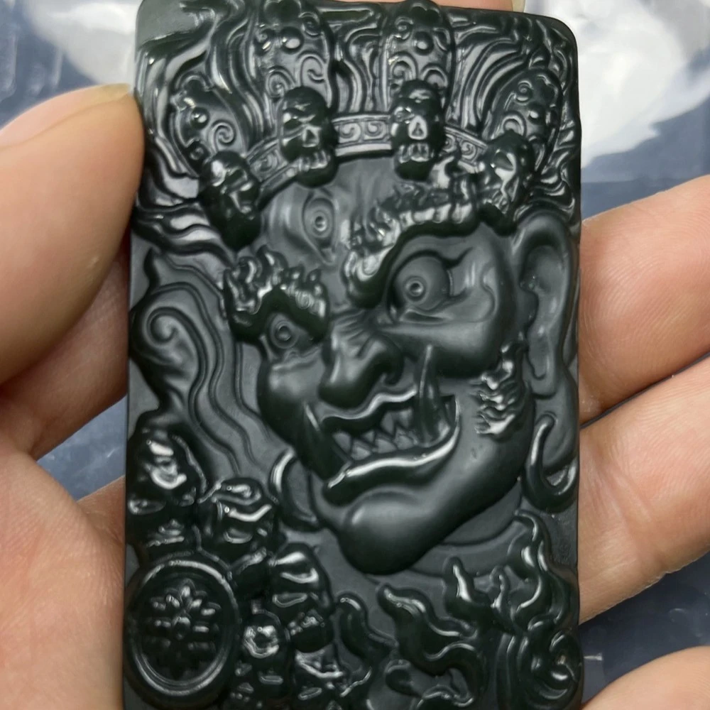 天然正品新疆和田玉青玉大黑天财神吊坠玉佩玉坠男款玉石挂件玉坠