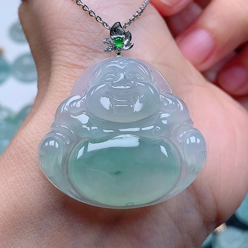 百千翡翠-18k金镶嵌冰种飘花佛公吊坠（尺寸32.9*35.8*5.8）