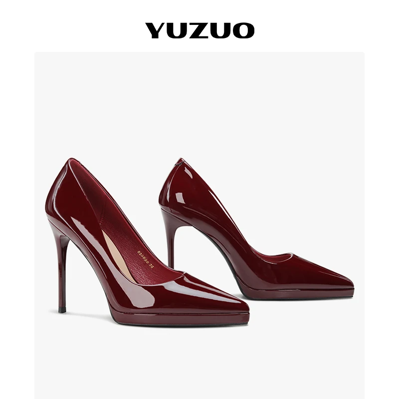 与作酒红色防水台高跟鞋女尖头细跟2024新款气质浅口单鞋裸色漆皮