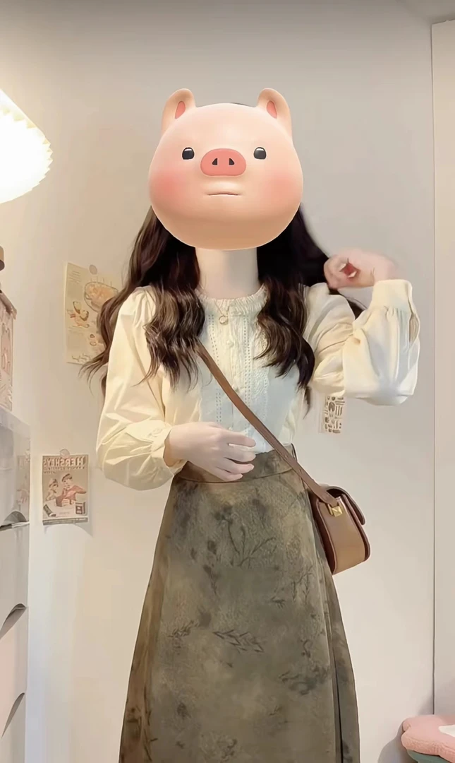 【小夜曲】新款花纹长裙长复古返潮时尚花边长袖衬衫国风秋季女