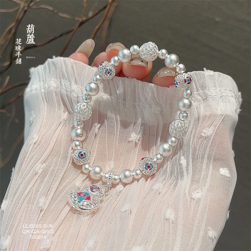 足银手镯 足银999.9古法珐琅葫芦镂空花球弹力绳手链甜美5456圈口