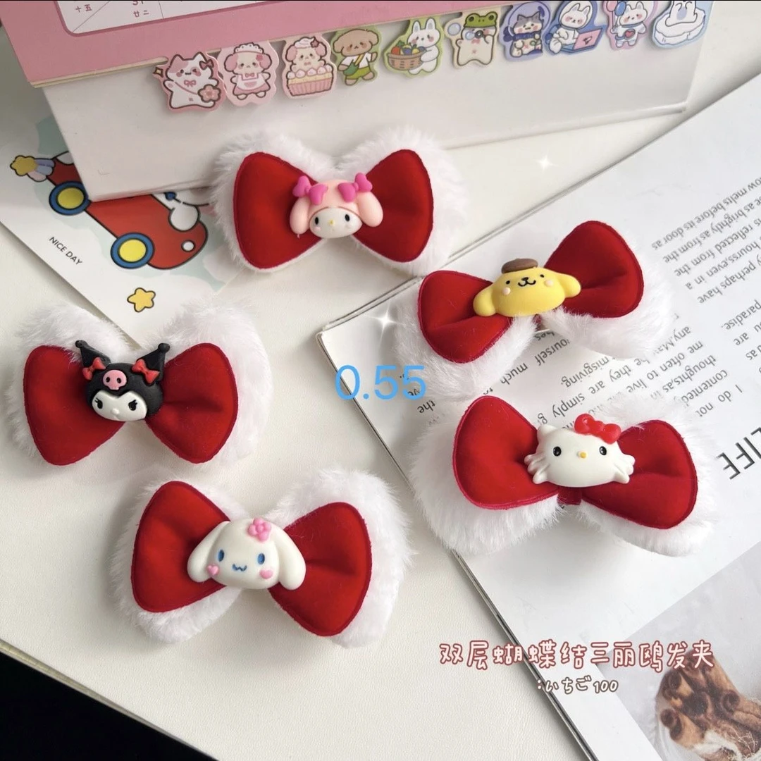 红色双层三丽鸥蝴蝶结发夹可爱ins丝绒少女新年甜美新年卡通发饰