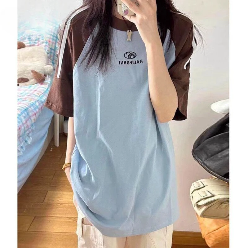 纯棉美式复古撞色条纹女宽松夏季短袖小众设计感插肩半袖情侣上衣