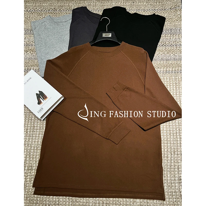 JING2024秋季新款1718开叉长袖圆领宽松T恤上衣女装百搭打底衫