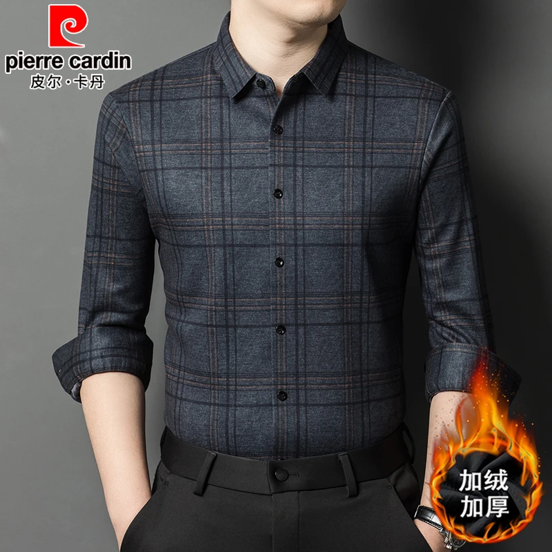 皮尔卡丹长袖衬衫2024冬季无痕免烫格子加绒加厚新款商务衬衣