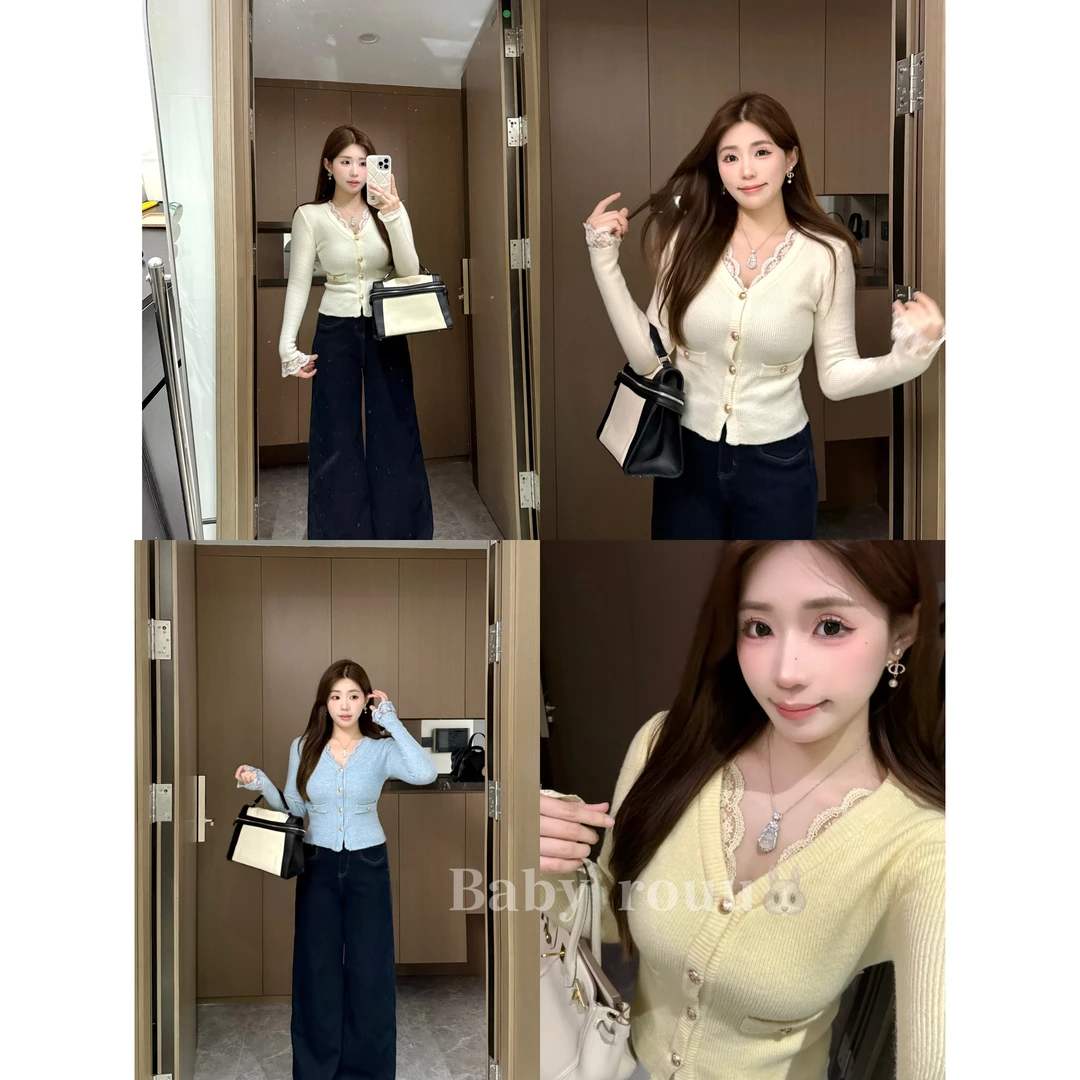 baby rouu【奶霜百利】温与柔设计感蕾丝拼接V领气质长袖上衣