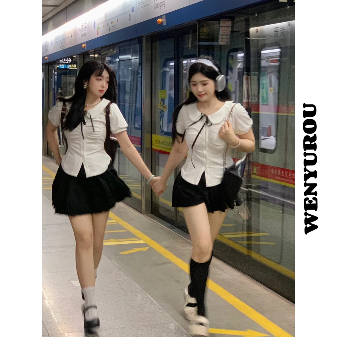 XD麦989130温与柔【翘课学姐】衬衫显瘦学院风纯欲套装甜美微胖收腰