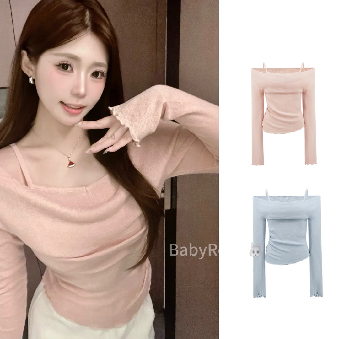 baby rouu【现货】【随意美感】温与柔纯欲假两件拼接吊带长袖上衣