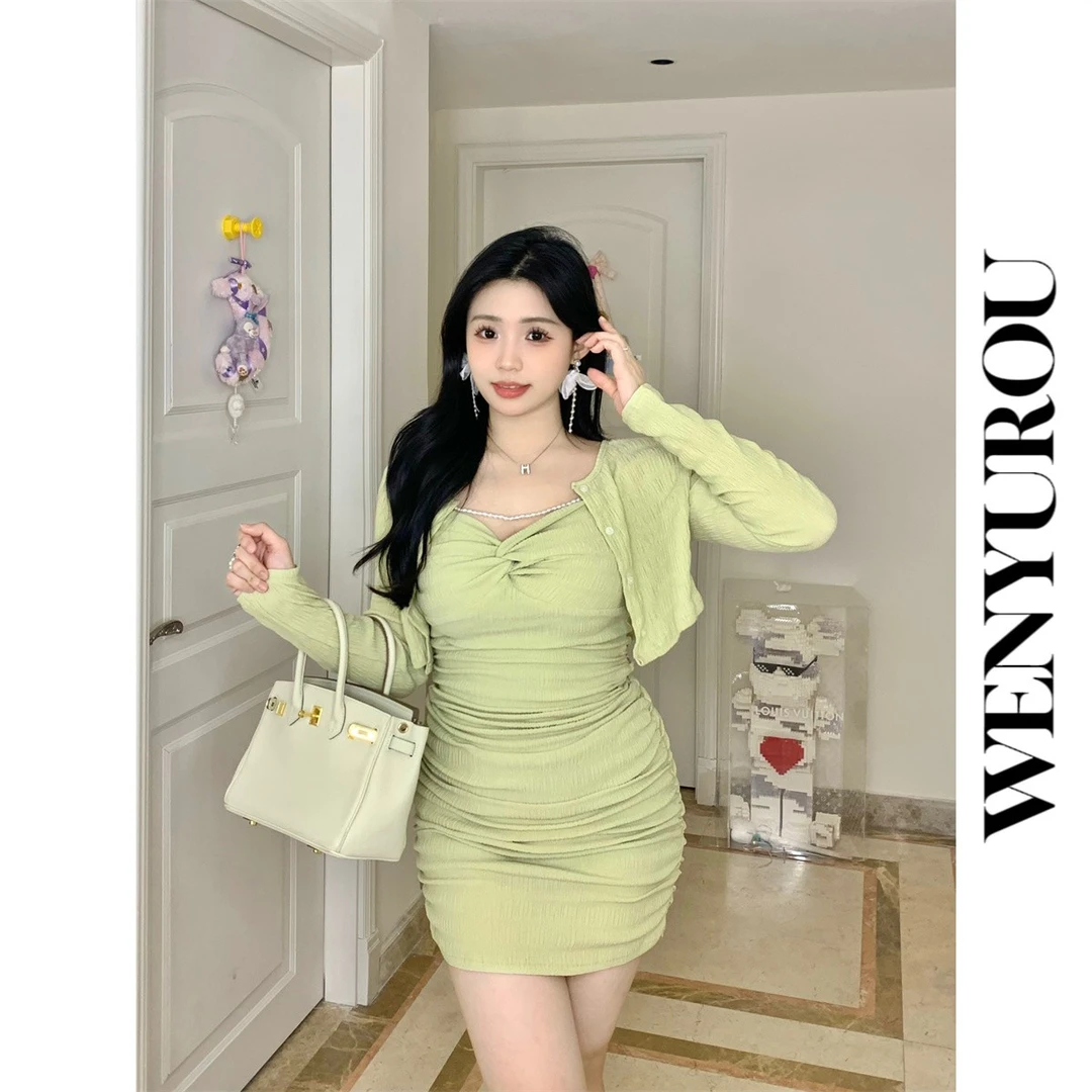 MXD988989温与柔【绿光山茶-人瘦没了】显瘦纯欲收腰套装