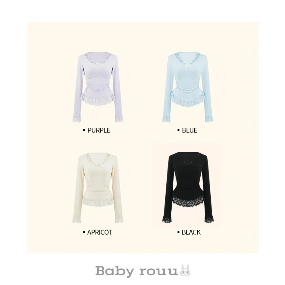 baby rouu【粉嫩甜心】温与柔纯欲蕾丝V领长袖内搭设计感修身打底衫