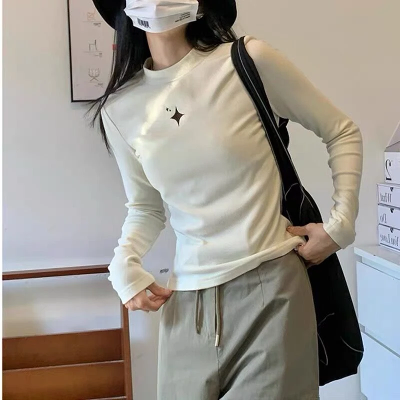 刺绣设计感拼接打底衫秋冬德绒新款内搭小立领百搭长袖t恤女上衣